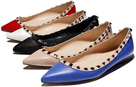 Nine Seven Genuine Leather Womens Studded Accent Pointed Toe Ballet Flats (8.5, red )