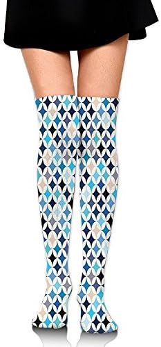 Hizhogqul Geometric Circles With Half Round Like Square Blue Tones Mix Women's Fashion Over The Knee High Socks (60cm)