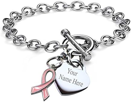 Personalized Charm Bracelet Detachable Cancer Survivor Ribbon Heart Toggle Chain Stainless Steel 7.5'"
