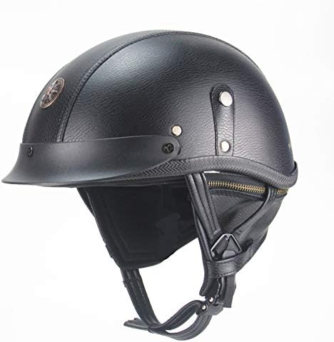 LYJNBB Half Motorcycle Helmet, Leather Open Face Vintage Harley Helmets Suitable for Cruiser Scooter DOT Approved