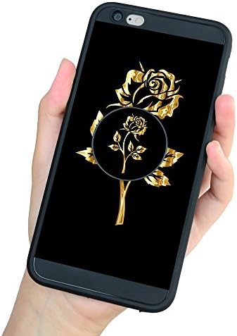 iPhone 6 plus Case, iPhone 6s plus Case, for Girls and Pop Out Stand, [Anti-Slip] Shock Absorbing Soft Silicone and Cute Flower Kickstand Grip Black Case for iPhone 6 /6s plus 5.5 inch Gold Rose