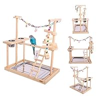 QBLEEV Parrot Wood Stand Perch Bird Playstand Playground Playgym Playpen Ladder with Toys Exercise Play (Include a Tray)（19" L13 W21 H