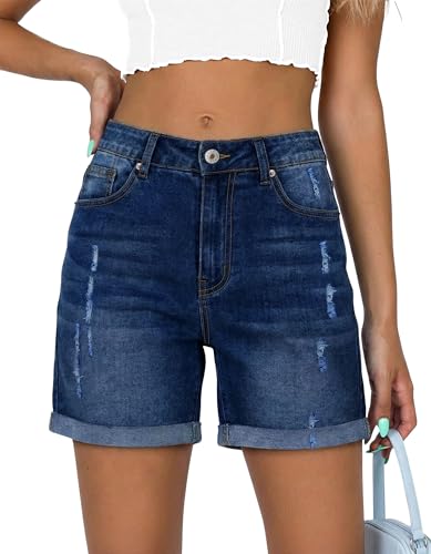 SANMM Stretchy Denim Shorts Women Casual Plus Size Folded Hem Boyfriend Dress Jean Shorts 2026 High Waisted for Summer Size 14 at Amazon
