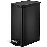 Home Zone Living 8 Gallon Slim Kitchen Trash Can with Soft Close Lid, Step Pedal, Bag Tuck Band, and Removable Liner, Stainless Steel, Matte Black, 30 Liters