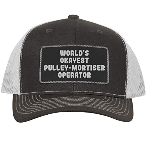 World's Okayest Pulley-Mortiser Operator - Leather Black Patch Engraved Trucker Hat, Grey-White, One Size