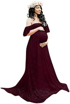 Elogoog Long Maternity Dress, Women's Short Sleeve Lace Maternity Photo Dress Off Shoulder Photography Pregnancy Dress