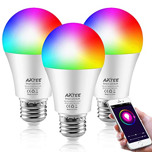 AXTEE Smart WiFi Light Bulb, RGB Dimmable Color Changing LED Bulbs E26 7W(60W Equivalent)with Remote Control, No Hub Required, Compatible with Alexa, Google Home and IFTTT for Home/Party/Bar (3 Pack)