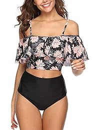 BTPEIHTD Conjunto de bikini de cintura alta, control de barriga, trajes de baño para dama de dos piezas, traje de baño con hombros descubiertos