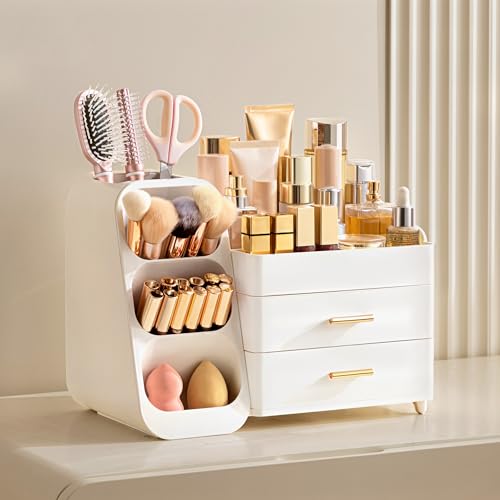 HBlife Makeup Cosmetic Organiser with Drawers, Brush Organiser, 3-in-1 Plastic Cosmetic Storage Box, Makeup Storage Box, Large Storage, White