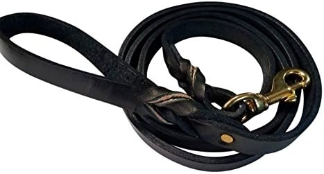 Dog Leash Premium Leather Lead for Training Walking Large, Medium Dogs. Individually Hand Crafted (6'-3/4" Brass snap, Black)