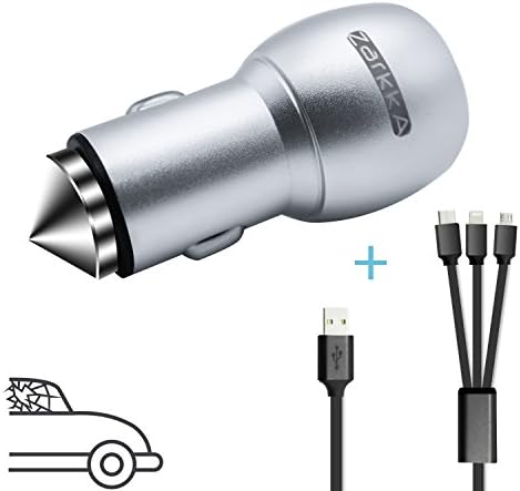 Car Charger + 3-in-1 Charging Cable, ZarkkA Dual Port USB Aluminium Alloy Vehicle Car Charger + 4ft 3-in-1 Multi USB Charging Cord with Type C, Lightning, Micro USB for iphone Android(Silver)