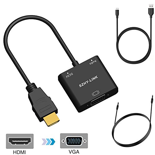 SZHYLINK HDMI to VGA, 1080P with Audio Port, Gold Plated Active HDMI to VGA Adapter Converter Male to Female with Micro USB & 3.5mm Audio Port Cable (Black)