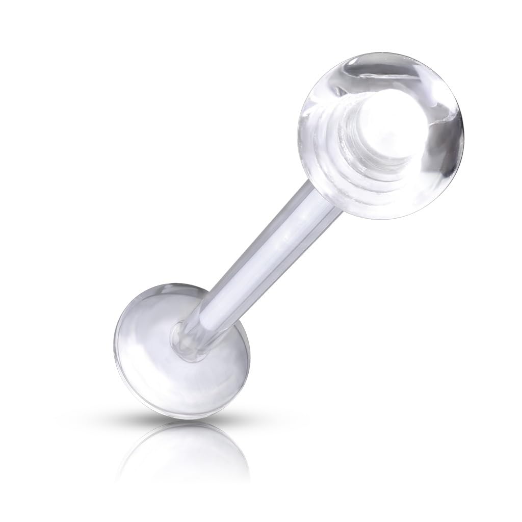 PiercedOff Flexible Clear Bioflex Labret With Externally Threaded Clear Acrylic Ball - Thickness 16GA (1.2mm) / Length 8mm / Ball Size 3mm