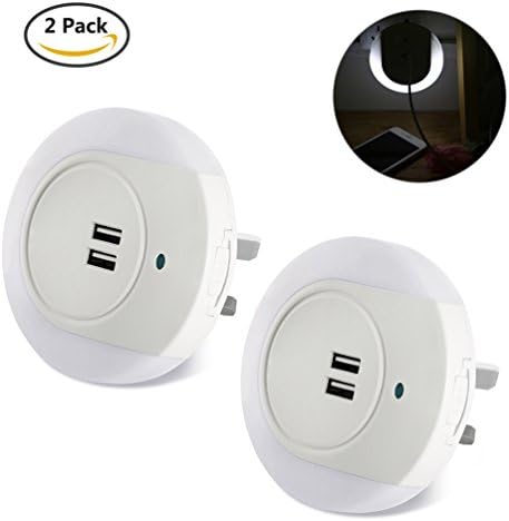 2 Pack LED Sensor Night Light, Plug In Nursery Night Light with Dusk till Dawn Daylight Sensor, with USB Quick Charger [Energy Class A+]