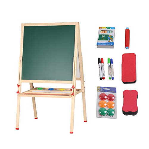 GEMEM Adjustable Wooden Easel Board Double Sided Children Art Easels Chalkboard Magnetic Dry Erase Board with Paper Roll and Accessories for Kids Toddlers Painting and Drawing