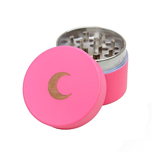 Small Matte Pink Spice Herb Grinder (1.5 inch) Gold Moon Engraving with Pollen Catcher and Scraper Magnetic Seal Perfect for Purse, Pouch or Small Bag