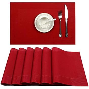 U'Artlines Placemat, Crossweave Woven Vinyl Non-Slip Insulation Placemat Washable Table Mats Set (6pcs placemats, DK Red)