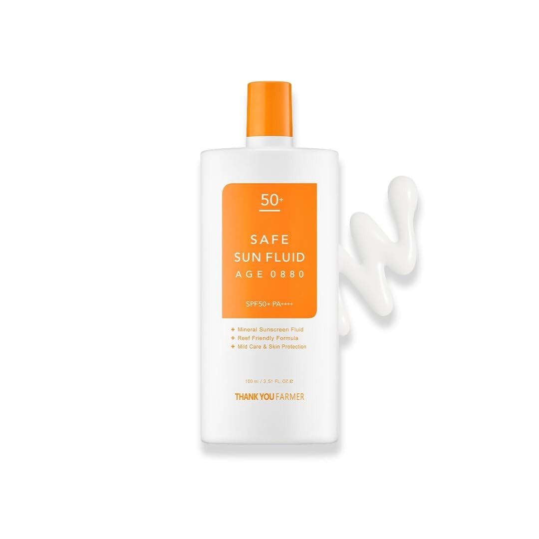THANKYOU FARMER Safe Sun Fluid AGE 0880 SPF50+ PA++++ | Reef Safe, Face & Body, Sensitive Skin | 3.51 Fl Oz (100ml)