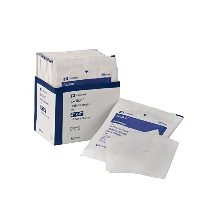 Covidien 7086 Excilon Drain Sponge, Sterile 2's in Peel-Back Package, 4" x 4", 6-ply (Pack of 50) - 1 box