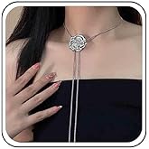 Ximdble Vintage Large Flower Pendant Necklace Printing Flower Drop Y Necklace Large Flower Y Lariat Necklace Silver Long Pull Chain Necklace for Women