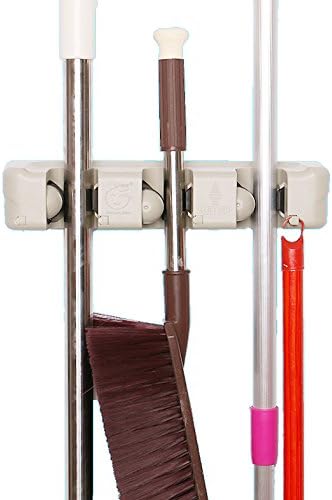 Cinlv Mop and Broom Holder, Wall Mounted Garden Tool Storage Tool Rack Storage &amp; Organization for Your Home, Closet, Garage 3 Position 4 Hooks