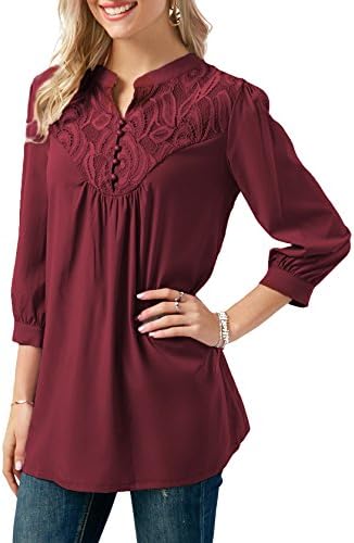 Women's Notch Neck 3/4 Sleeve Front Button Chiffon Floral Lace Patchwork Loose Fit Tunic Blouses Tops Size M Red