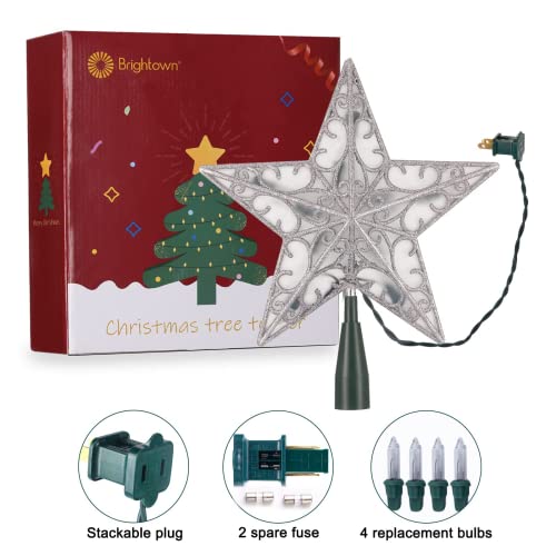 Christmas Star Tree Topper, Plug In Sliver Glittered 3D Star Tree