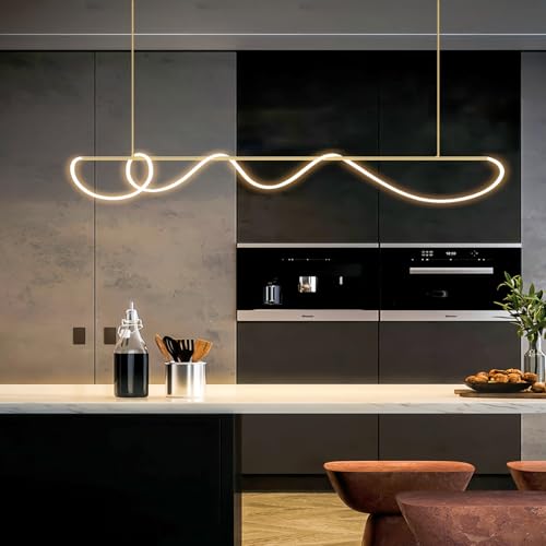 SMG Lámpara colgante lineal LED moderna para comedor, lámpara de araña dorada regulable para oficina, lámpara lineal de 47 pulgadas con control remoto, atenuación continua, lámpara de manguera larga