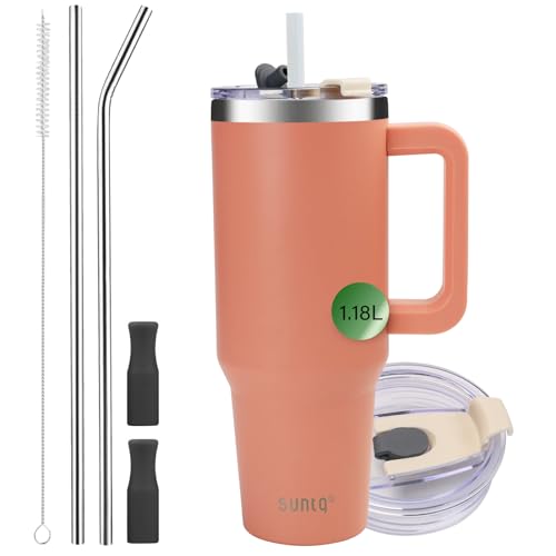 Suntq 1180Ml/40Oz Tumbler Mit Griff, Doppelwandige Vakuum Isolierte Wasserflasche Mit Stroh Und Deckel, Edelstahl Reise Kaffeebecher, Thermische Tasse Für Getränke, Fit In Becherhalter(Pfirsichrosa)