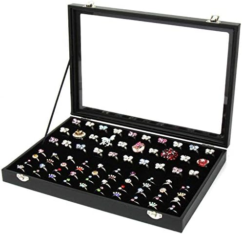 JIFF Jiffordwind Velvet Glass Ring Box 100 Slots Ring Organizer Holder Jewelry Display Storage Collector Earring Showcase Ring Tray, Ideal Gift for Christmas, Black