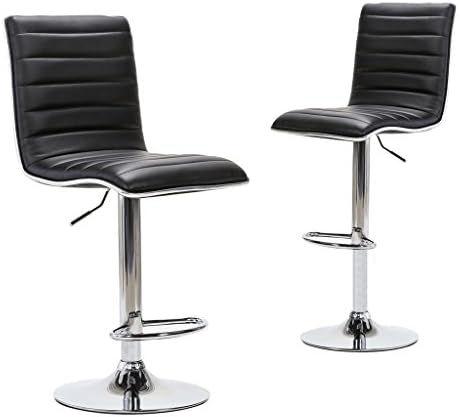 Chiming Black Stripes Pattern Adjustable Swivel Office Chair PU Leather Silver Rim Bar Stools, Set of 2