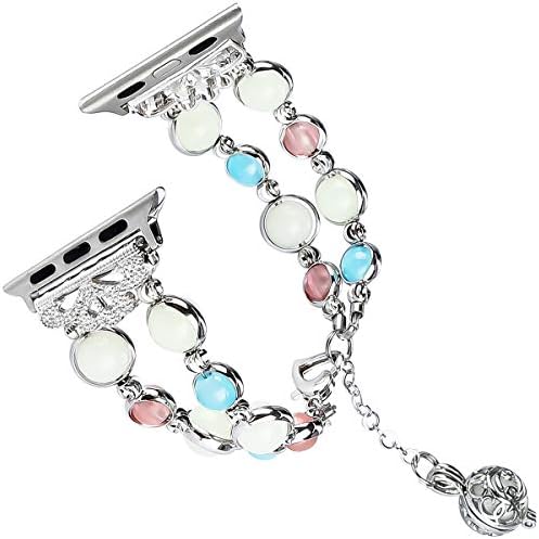 Tomazon Compatible Apple Watch Band Series 4/3/2/1 42mm 44mm, Unique Handmade Luminous Pearl Adjustable iWatch Bracelet Metal Link Wristband with Perfume Storage Pendant for Women Girl - White