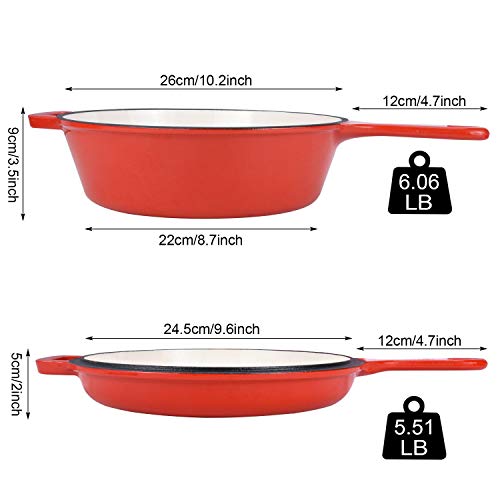 Enameled 2-In-1 Cast Iron Multi-Cooker - Heavy Duty 3.2 Quart Skillet and Lid Set, Cast Iron Saucepan and Shallow Skillet Lid Set Sauce Pot & Nonstick Frying Pan (Red)