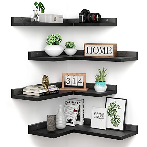 4 Tier Floating Corner Shelves Black Set of 4, Rustic Pine Wooden