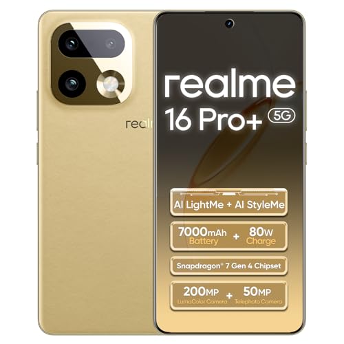 realme 16 Pro+ 5G Smartphone 8 + 256 GB, Gold Master, 6.8 Inch AMOLED 144 Hz, 80 W Ultra Fast Charging, 7000 mAh Battery, Triple Camera 200 MP, Snapdragon 7 Gen4, Front Camera 50 MP, IP69
