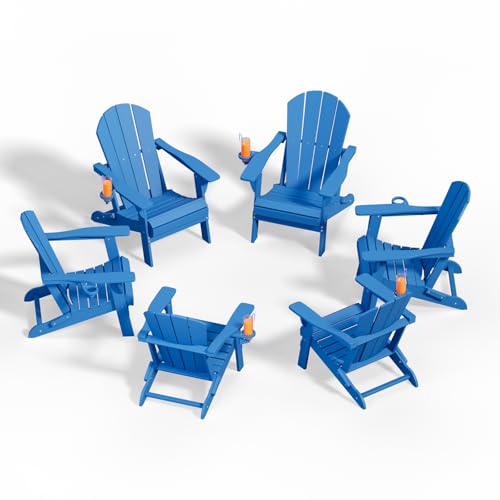 Patio Kingdom Folding Adirondack Chairs with Cup Holders, Set of 6 HDPE Plastic Outdoor Chairs, Weather Resistant, Real Wood Look, Heavy-Duty Patio Furniture for Deck, Fire Pit, Backyard, Blue