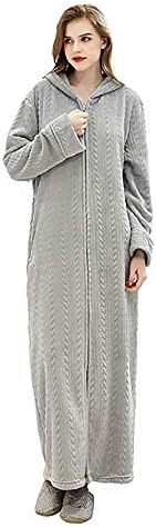 QDJSY Women Soft Dressing Gown Full Length Fluffy Bathrobe Zip Up Sleepwear Fluffy Hoodie Loungwear,Gray,M