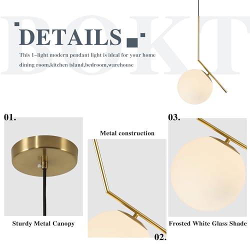 BOKT Lámpara Colgante de Globo Moderna Candelabro de Mediados de Siglo Latón Cepillado Luz Colgante Ajustable con Vidrio Esmerilado Blanco para Isla de Cocina Recámara Comedor (C-25 cm)