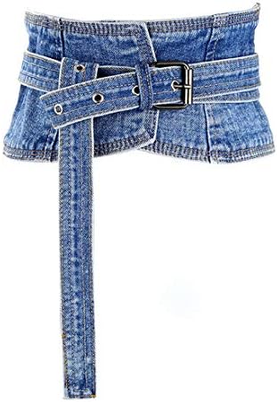 shengweiaoWomen's Denim Peplum Waist Cinch Belt Wide Corset Belts (Blue, 27.5"-30.7")