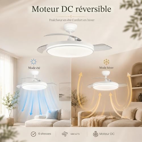 MARSI Ceiling Fan with LED Light 106 cm, Invisible Retractable Blades, Silent Fan with RF Remote Control, Reversible DC Motor, 6 Speed, Dimmable LED, for Bedroom and Living Room