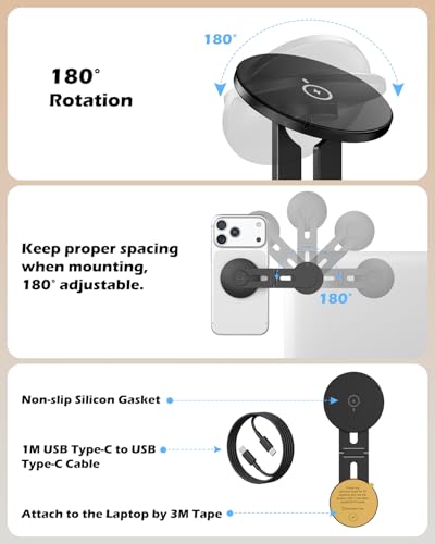 CloudValley 15W Wireless Charger Magnetic Phone Holder for Laptop, [Foldable and Hidden] for iPhone 17/16/15/14/13/12, Compatible with MagSafe and Accessories for Tesla Model 3/Y