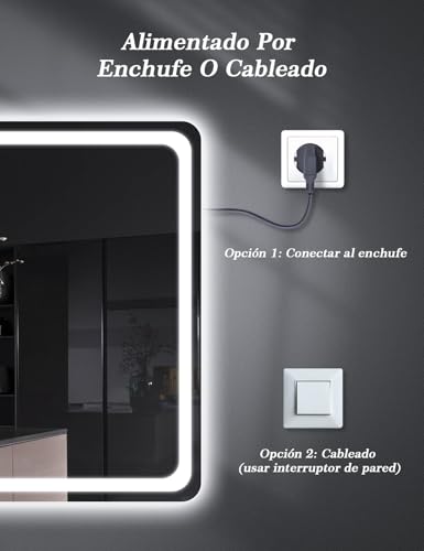 SAGIWO Espejo de Baño LED Cuadrado de 90 * 70 cm, Espejo Inteligente para Baño Antivaho con Luz Ajustable,Iluminado en 3 Colores con Espejo de Pared Horizontal,Botones Táctiles