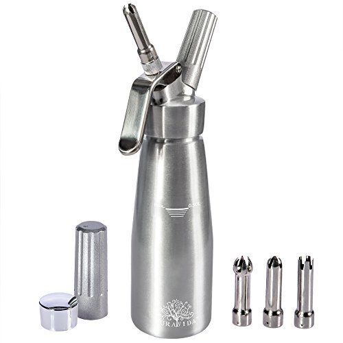 Whipped Cream Dispenser By Pura Vida - Durable, All Aluminum Body & Head - includes 3 Stainless Steel Decorating Tips & Cleaning Brush - Half Quartz Size - Gift Box Packaging - Easy Instructions