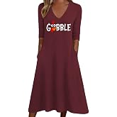 Women's Fall 3/4 Sleeve Halloween Shirt Dress Casual Autumn Pumpkin Genie Witch Thanksgiving Day V Neck Sundress Skirt