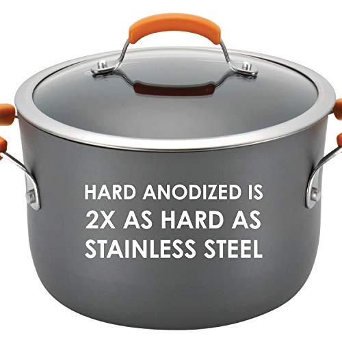 Rachael Ray Brights Hard Anodized Nonstick Stock Pot/Stockpot with Lid, 10 Quart, Gray with Orange Handles