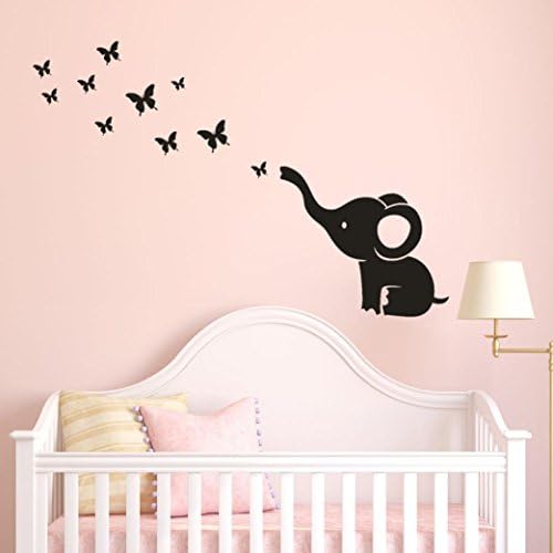 LTUI DIY Cartoon Animal Advanture Creative Lovely Cute Elephant With Butterfly Removable Art Nursery Wall Stickers Wall Murals for Kidsgirls Boys Room Home Kindergarten Decoration (Black)