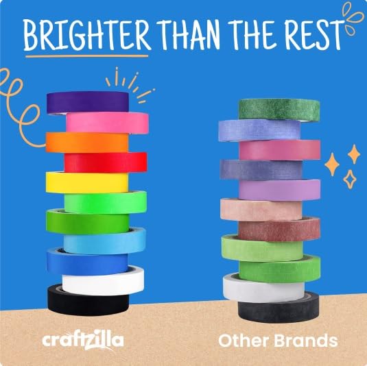 Craftzilla Colored Masking Tape - 11 Roll Multi- Pack, 55 Yards x 1 in Colorful Craft Tape- Great for Arts & Crafts, Kids, Labeling and Color- Coding