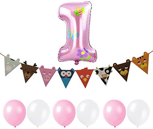 Girls First Birthday/Anniversary Party Decor Kit-Mylar Helium Balloon - Pink and White Latex Balloon - Banners