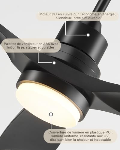 Forrovenco Ceiling Fan with Light and Remote Control, 52 Inch DC Motor Silent Reversible 3 Blades 6 Speeds Modern for Bedroom Living Room Patio Outdoor/Indoor 52" Black