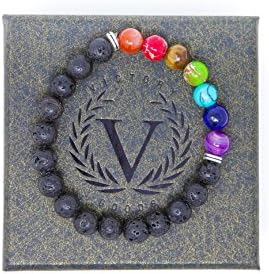 Victory Goods Natural Lava Stone Bracelet - Essential Oil Diffuser for Meditation, Relaxation and Healing (8mm - Lava Stone/7 Chakaras)